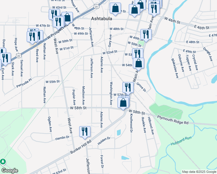 map of restaurants, bars, coffee shops, grocery stores, and more near 5553 Washington Ave in Ashtabula