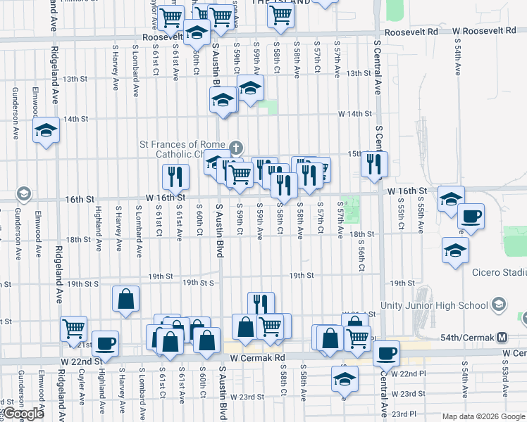 map of restaurants, bars, coffee shops, grocery stores, and more near 1617 South 59th Avenue in Cicero