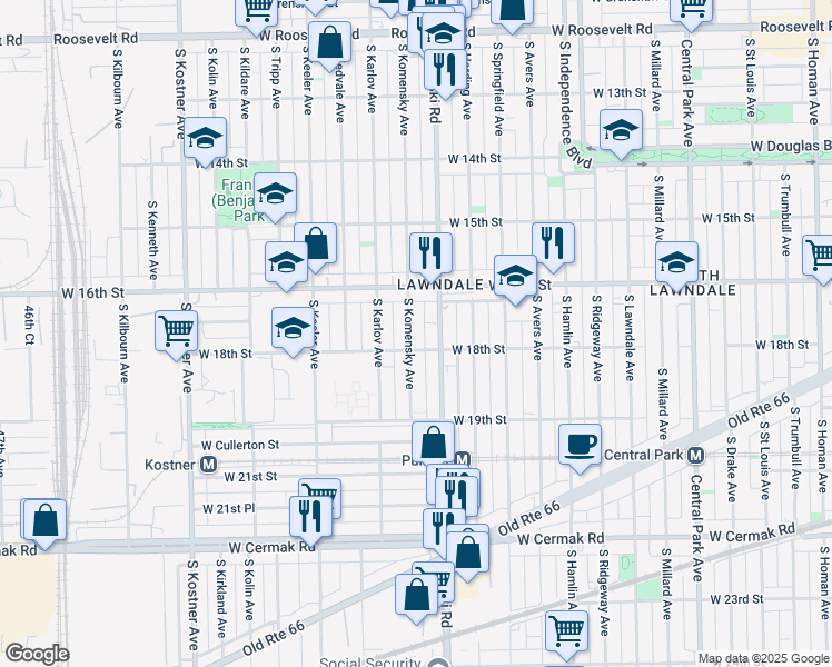 map of restaurants, bars, coffee shops, grocery stores, and more near 1645 South Komensky Avenue in Chicago