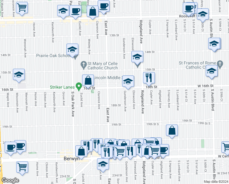 map of restaurants, bars, coffee shops, grocery stores, and more near 1612 Scoville Avenue in Berwyn