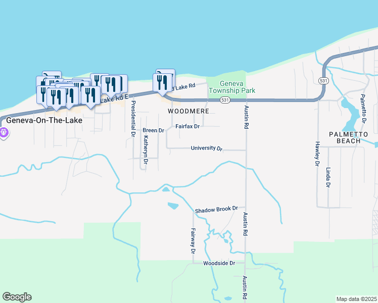 map of restaurants, bars, coffee shops, grocery stores, and more near 5172 University Drive in Geneva