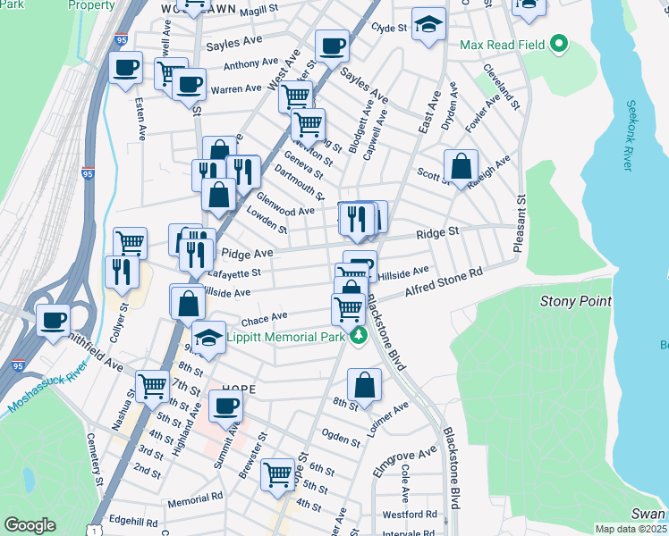 map of restaurants, bars, coffee shops, grocery stores, and more near 132 Lafayette Street in Pawtucket