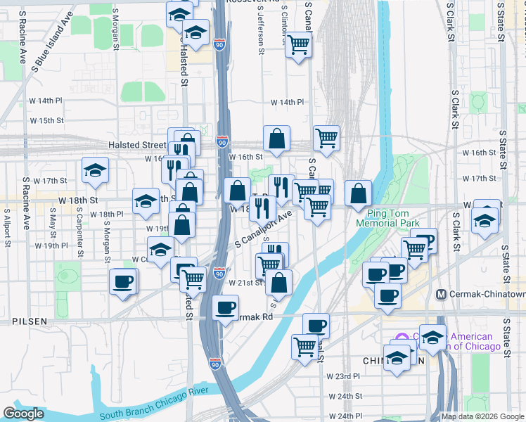 map of restaurants, bars, coffee shops, grocery stores, and more near 1800 South Jefferson Street in Chicago