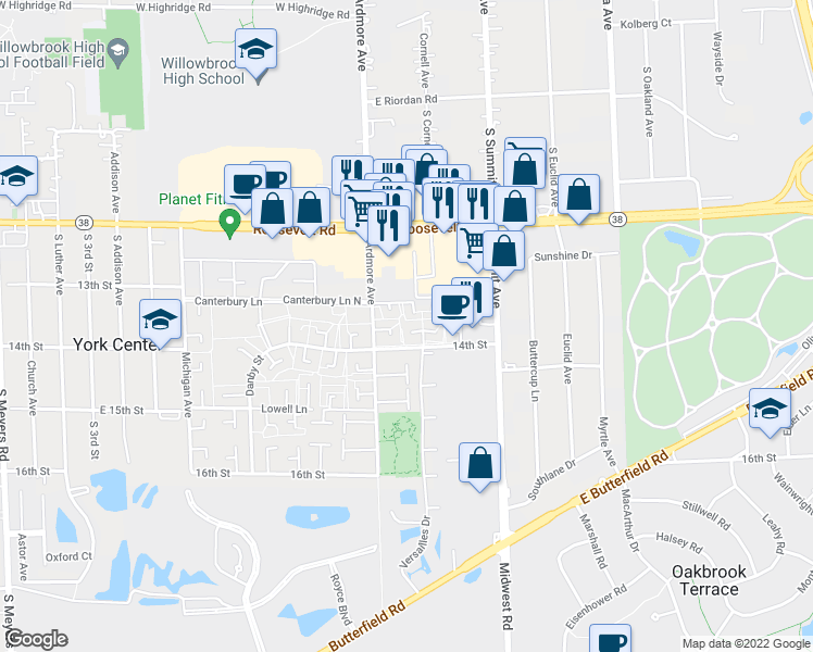 map of restaurants, bars, coffee shops, grocery stores, and more near 17W737 Kirkland Lane in Villa Park