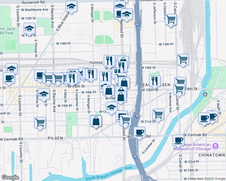 map of restaurants, bars, coffee shops, grocery stores, and more near 1817 South Peoria Street in Chicago