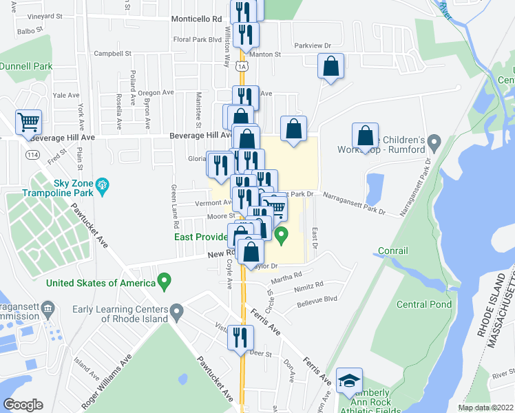 map of restaurants, bars, coffee shops, grocery stores, and more near 50B Newport Avenue in East Providence