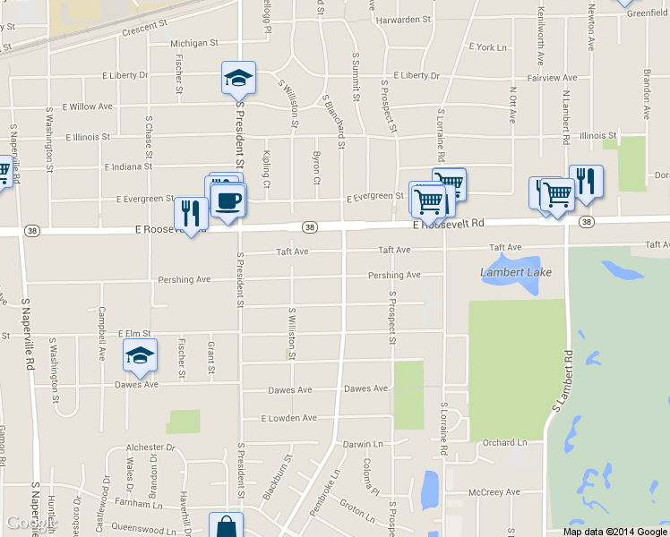 map of restaurants, bars, coffee shops, grocery stores, and more near 1319 Pershing Avenue in Wheaton