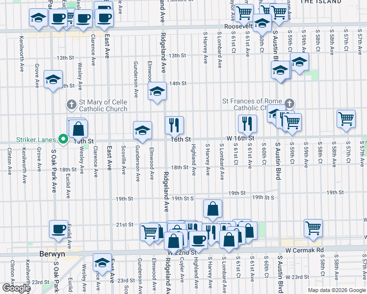 map of restaurants, bars, coffee shops, grocery stores, and more near 1614 Highland Avenue in Berwyn