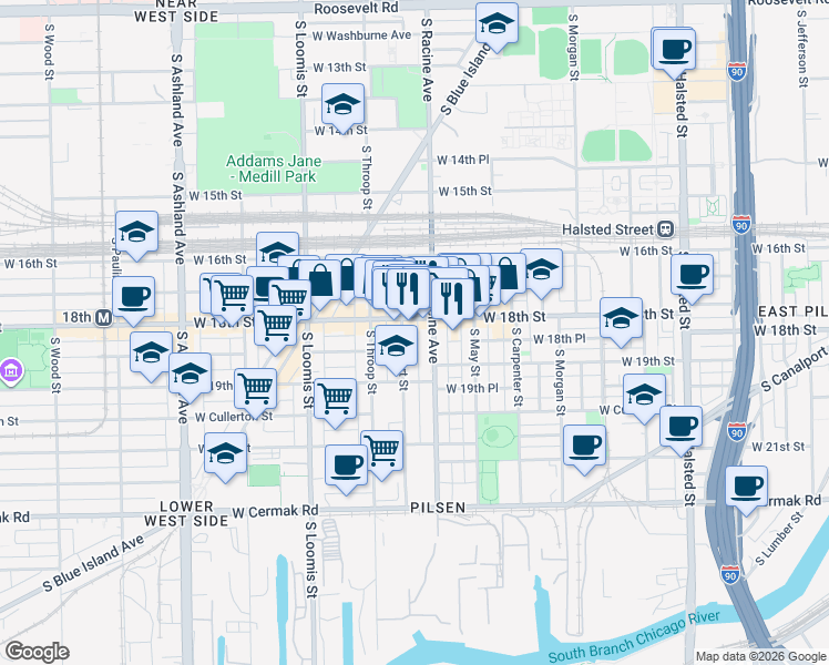 map of restaurants, bars, coffee shops, grocery stores, and more near 1801 South Allport Street in Chicago