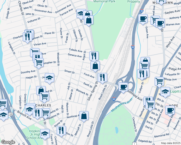 map of restaurants, bars, coffee shops, grocery stores, and more near 32 Nellie Street in Providence