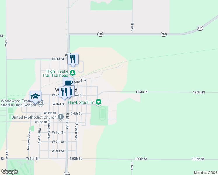 map of restaurants, bars, coffee shops, grocery stores, and more near 404 East 2nd Street in Woodward