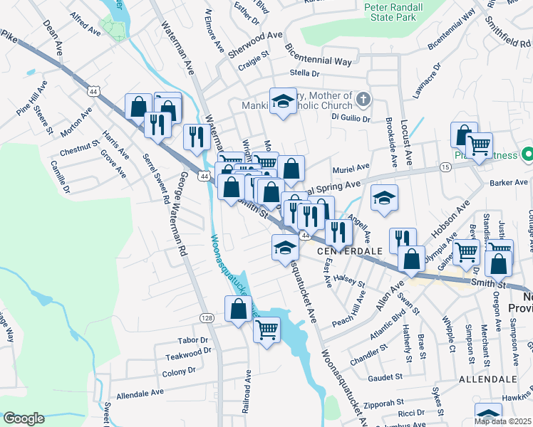 map of restaurants, bars, coffee shops, grocery stores, and more near 2017 Smith St in North Providence