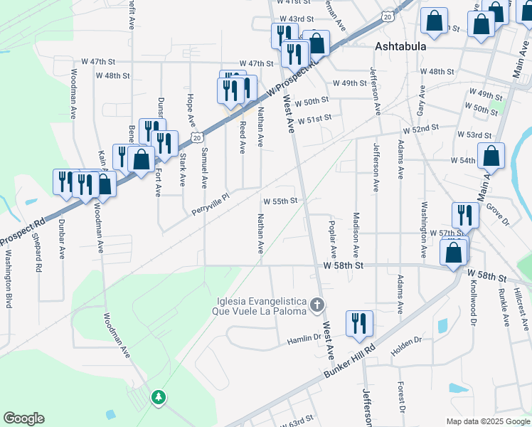 map of restaurants, bars, coffee shops, grocery stores, and more near 5520 Nathan Avenue in Ashtabula