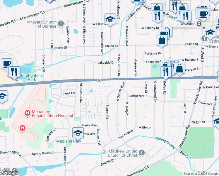 map of restaurants, bars, coffee shops, grocery stores, and more near 1231 Woodcutter Lane in Wheaton