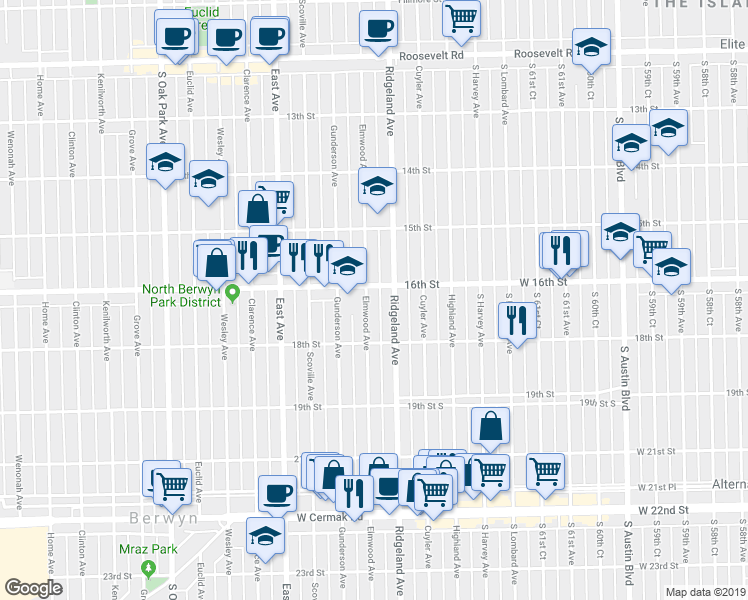 map of restaurants, bars, coffee shops, grocery stores, and more near 1611 Elmwood Avenue in Berwyn