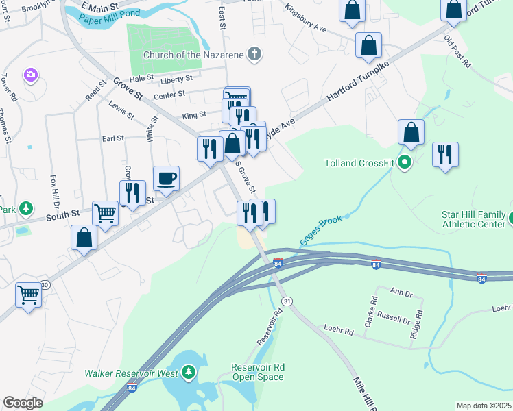map of restaurants, bars, coffee shops, grocery stores, and more near 52 South Grove Street in Vernon