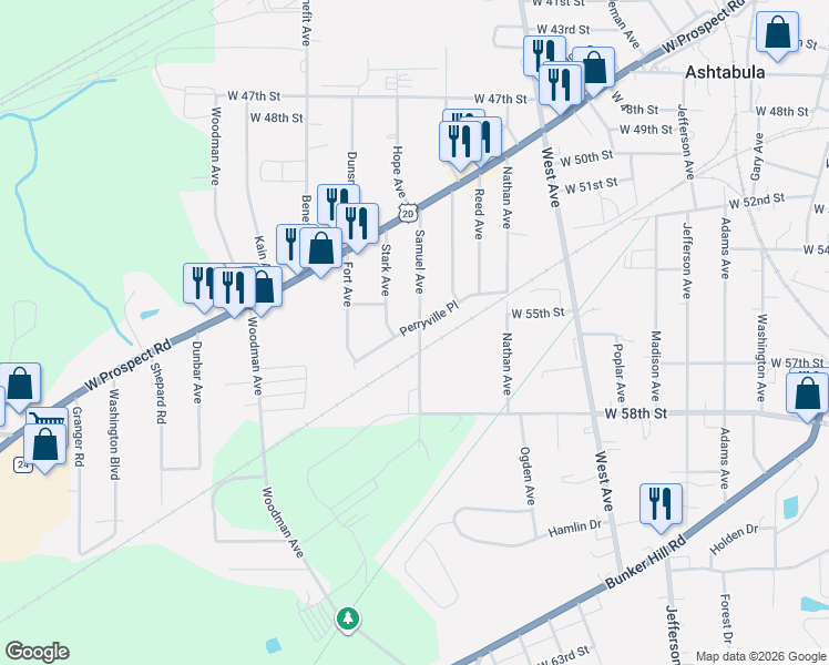 map of restaurants, bars, coffee shops, grocery stores, and more near 1412 Perryville Place in Ashtabula