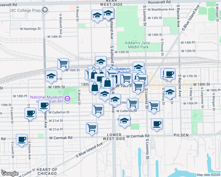 map of restaurants, bars, coffee shops, grocery stores, and more near 1800 South Ashland Avenue in Chicago