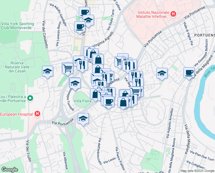 map of restaurants, bars, coffee shops, grocery stores, and more near 544 Via Portuense in Rome