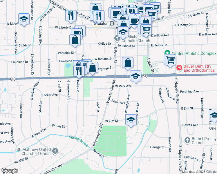 map of restaurants, bars, coffee shops, grocery stores, and more near in Wheaton