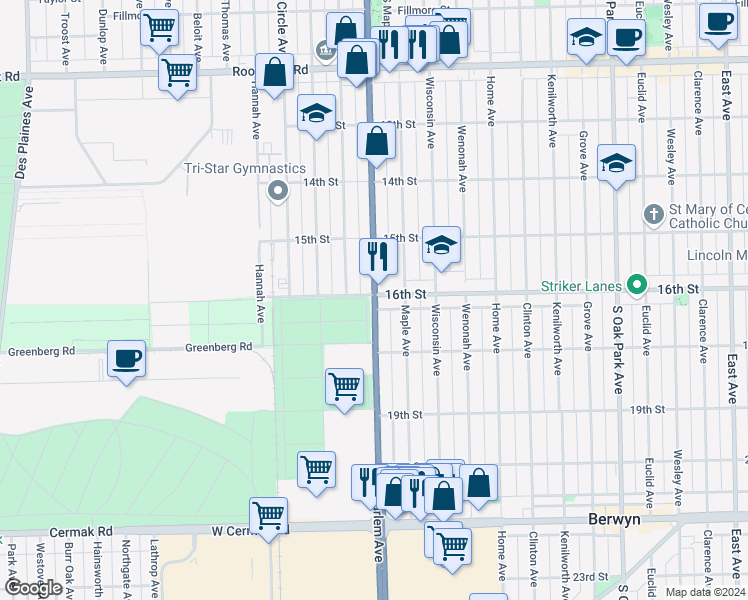 map of restaurants, bars, coffee shops, grocery stores, and more near 22 South Harlem Avenue in Forest Park