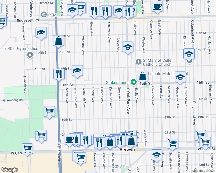 map of restaurants, bars, coffee shops, grocery stores, and more near 6906 16th Street in Berwyn