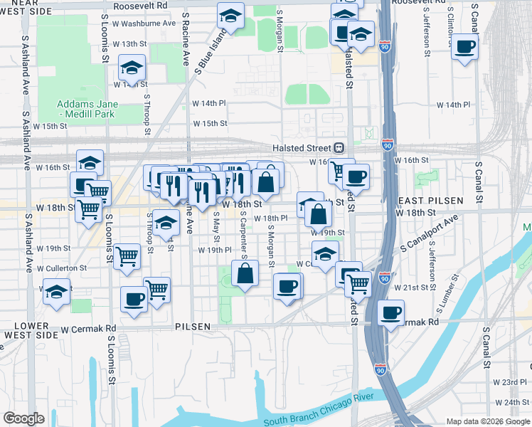 map of restaurants, bars, coffee shops, grocery stores, and more near 1020 West 18th Place in Chicago