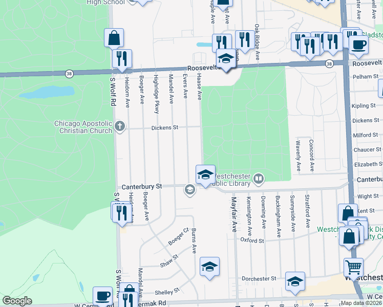 map of restaurants, bars, coffee shops, grocery stores, and more near 1459 Evers Avenue in Westchester