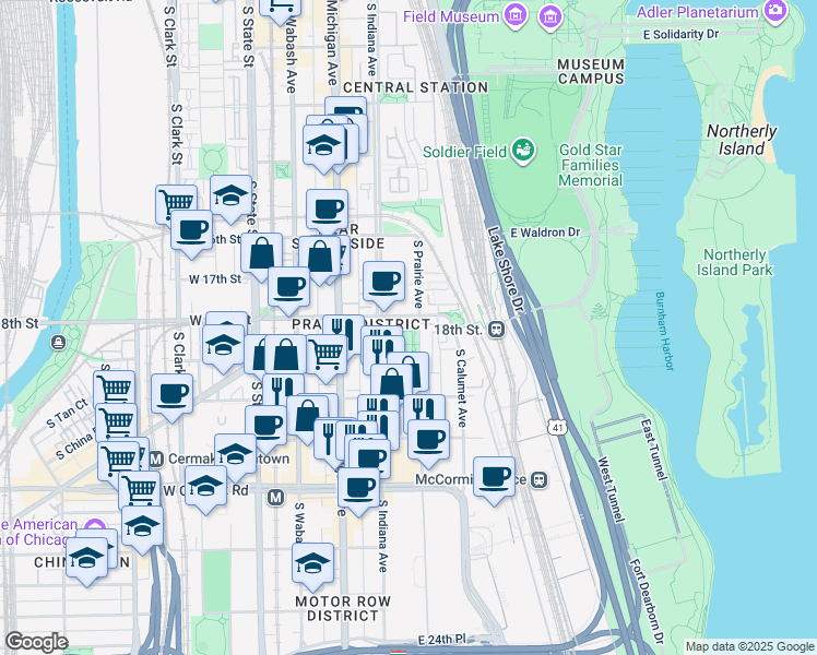 map of restaurants, bars, coffee shops, grocery stores, and more near 1804 South Prairie Avenue in Chicago