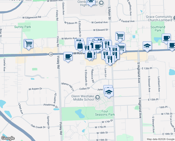 map of restaurants, bars, coffee shops, grocery stores, and more near 1313 South Elizabeth Street in Lombard