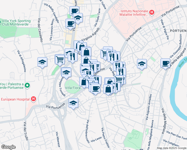 map of restaurants, bars, coffee shops, grocery stores, and more near 544 Via Portuense in Rome
