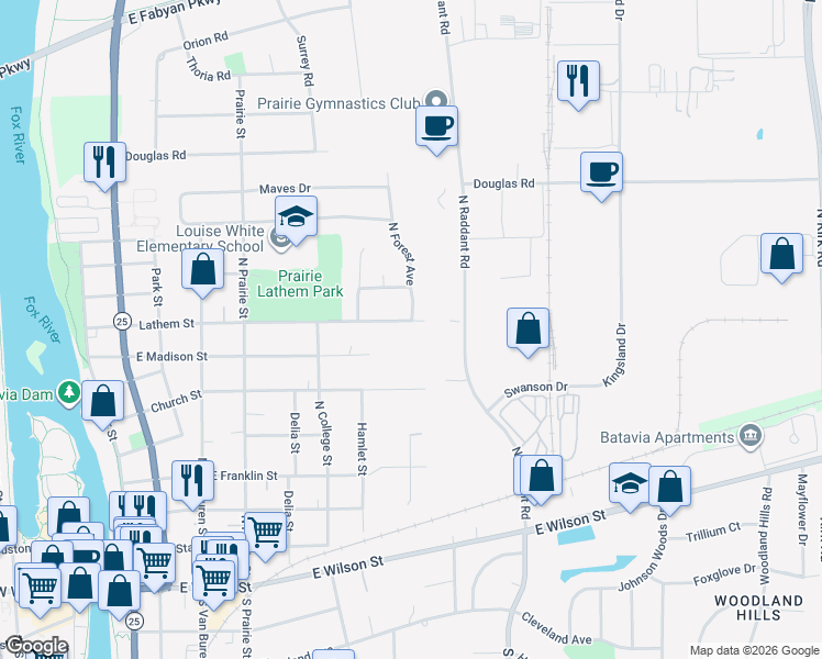 map of restaurants, bars, coffee shops, grocery stores, and more near 756 Lathem Street in Batavia