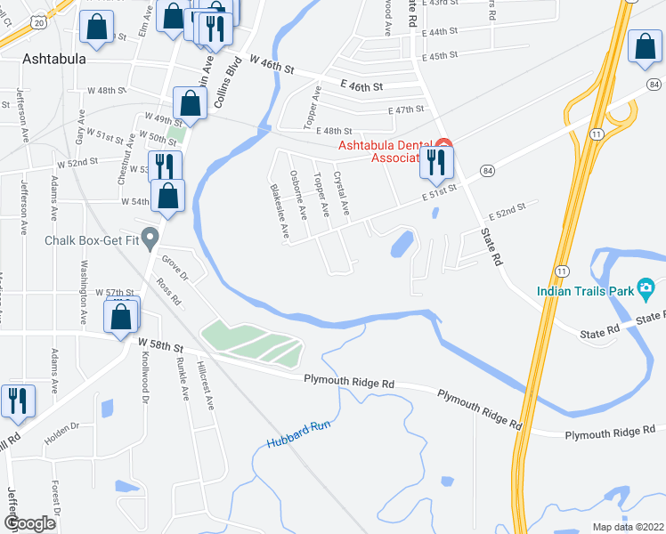 map of restaurants, bars, coffee shops, grocery stores, and more near 5212 Cortland Avenue in Ashtabula