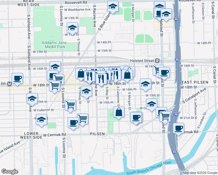 map of restaurants, bars, coffee shops, grocery stores, and more near in Chicago