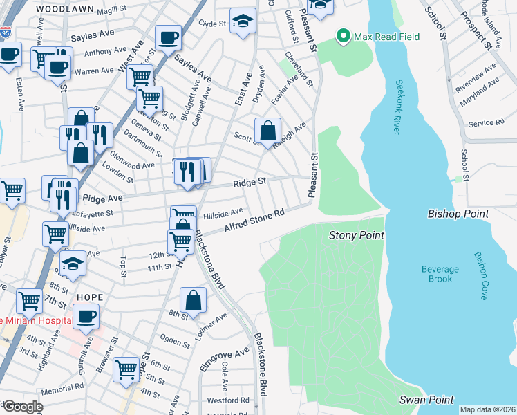 map of restaurants, bars, coffee shops, grocery stores, and more near 229 Raleigh Avenue in Pawtucket
