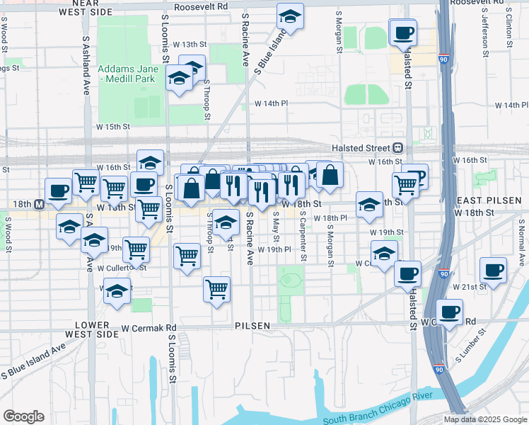 map of restaurants, bars, coffee shops, grocery stores, and more near 1159 West 18th Street in Chicago
