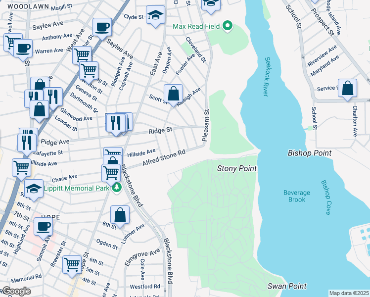 map of restaurants, bars, coffee shops, grocery stores, and more near 52 Paris Street in Pawtucket