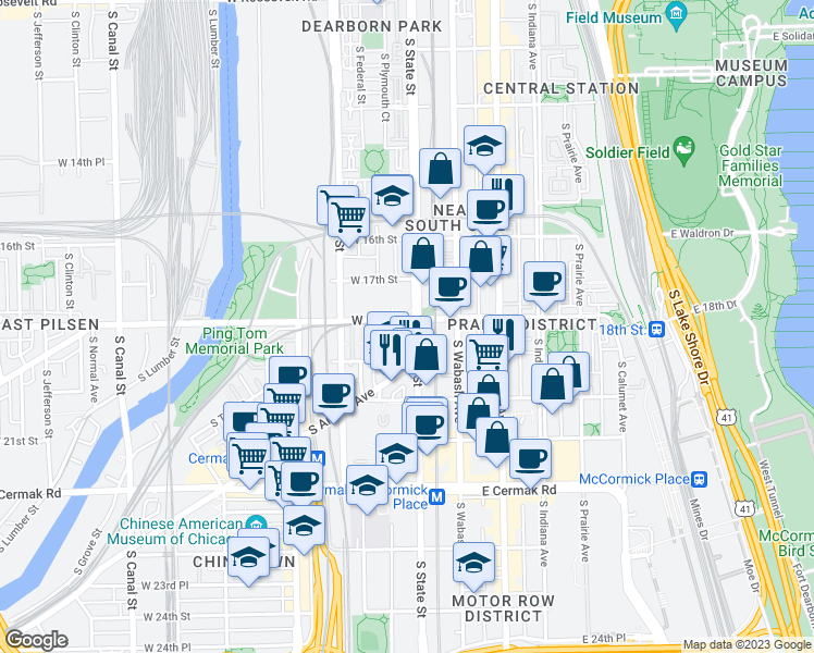map of restaurants, bars, coffee shops, grocery stores, and more near 1805 South State Street in Chicago