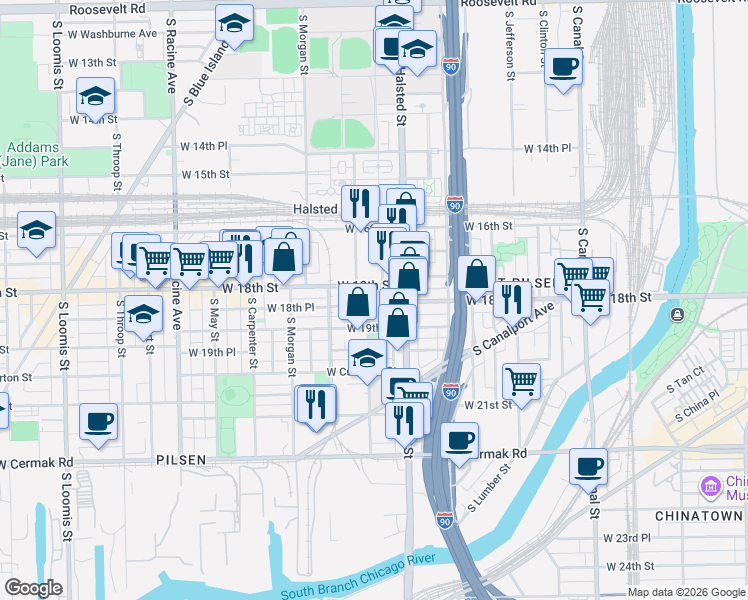map of restaurants, bars, coffee shops, grocery stores, and more near 1817 South Peoria Street in Chicago