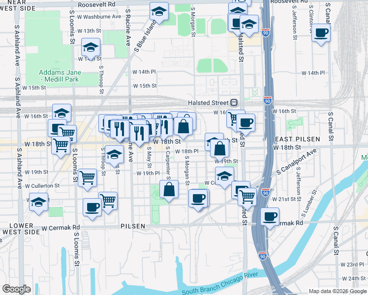 map of restaurants, bars, coffee shops, grocery stores, and more near 1022 West 18th Place in Chicago
