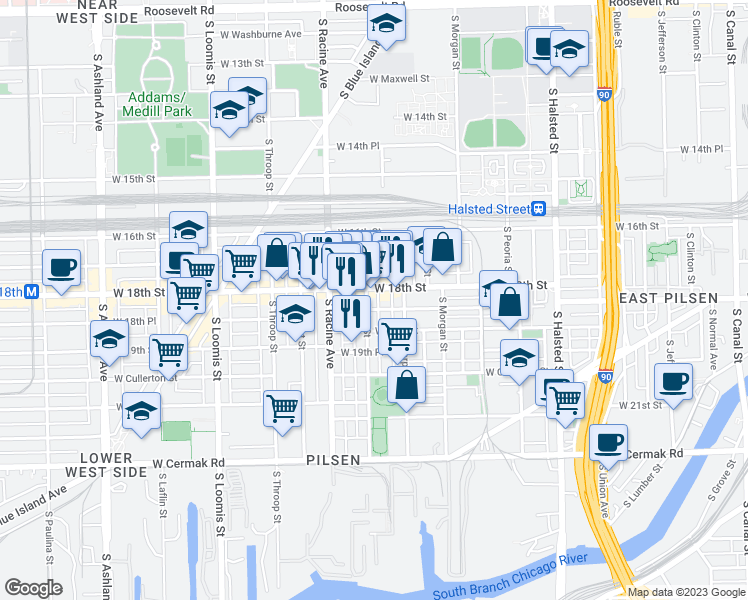 map of restaurants, bars, coffee shops, grocery stores, and more near 1116 West 18th Place in Chicago