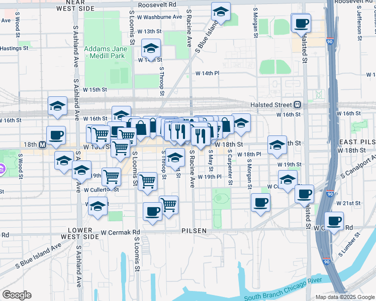 map of restaurants, bars, coffee shops, grocery stores, and more near 1813 South Allport Street in Chicago