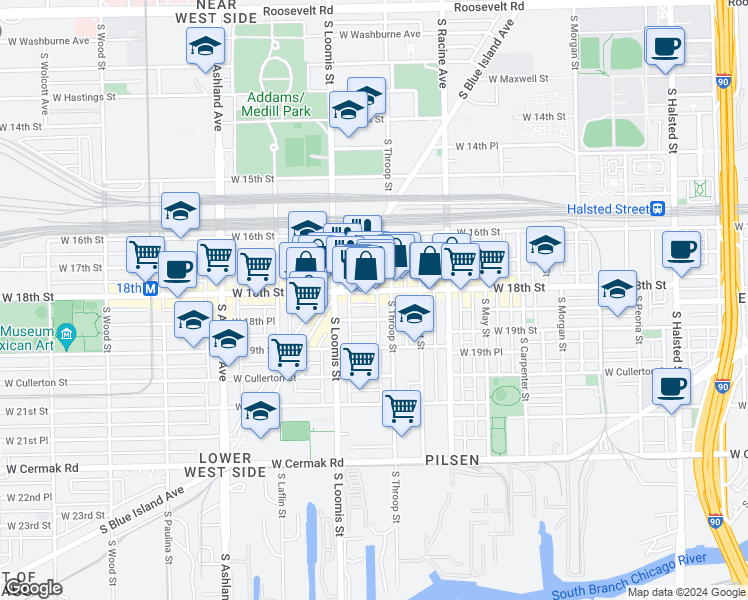 map of restaurants, bars, coffee shops, grocery stores, and more near 1327 West 18th Street in Chicago