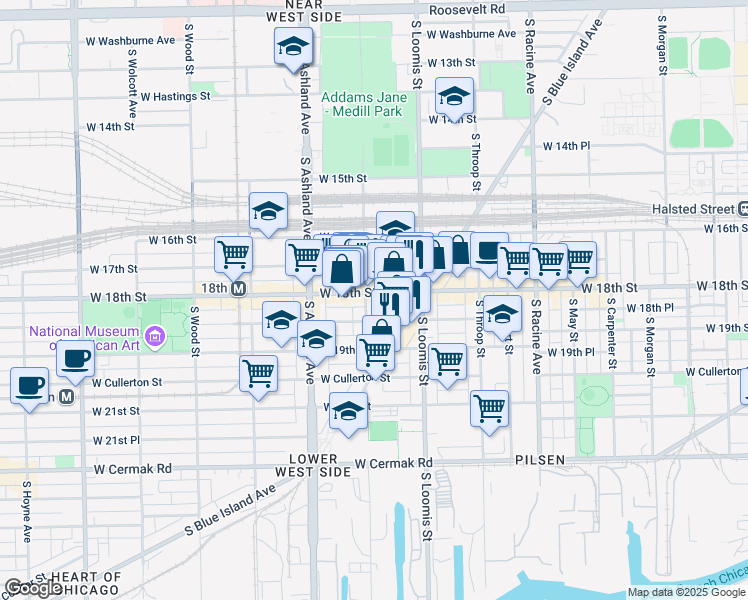 map of restaurants, bars, coffee shops, grocery stores, and more near 1443 West 18th Street in Chicago