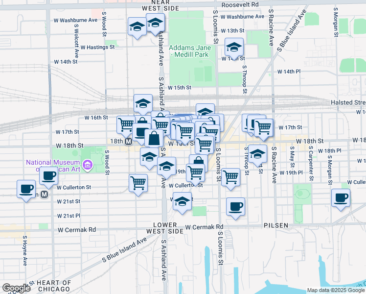 map of restaurants, bars, coffee shops, grocery stores, and more near 1502 West 18th Street in Chicago