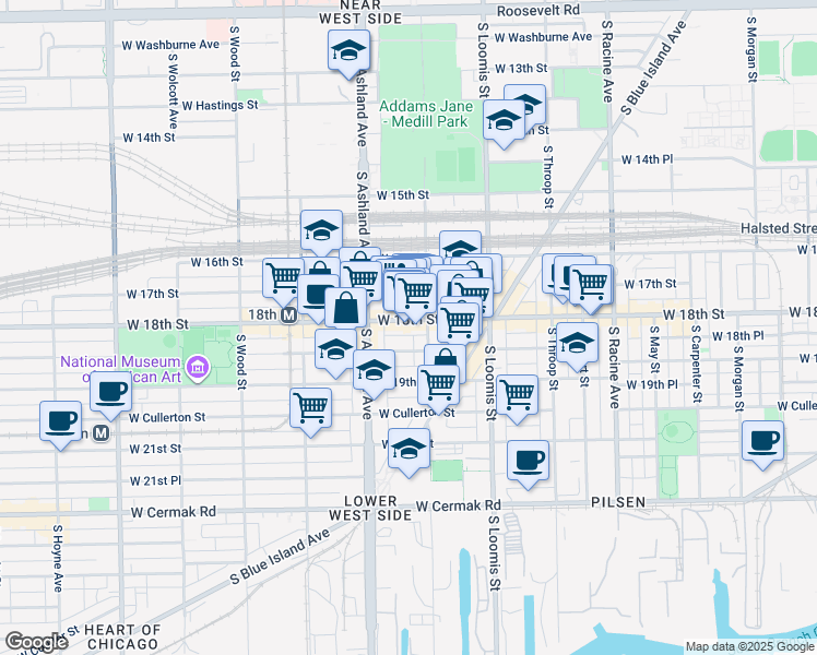 map of restaurants, bars, coffee shops, grocery stores, and more near 1502 West 18th Street in Chicago