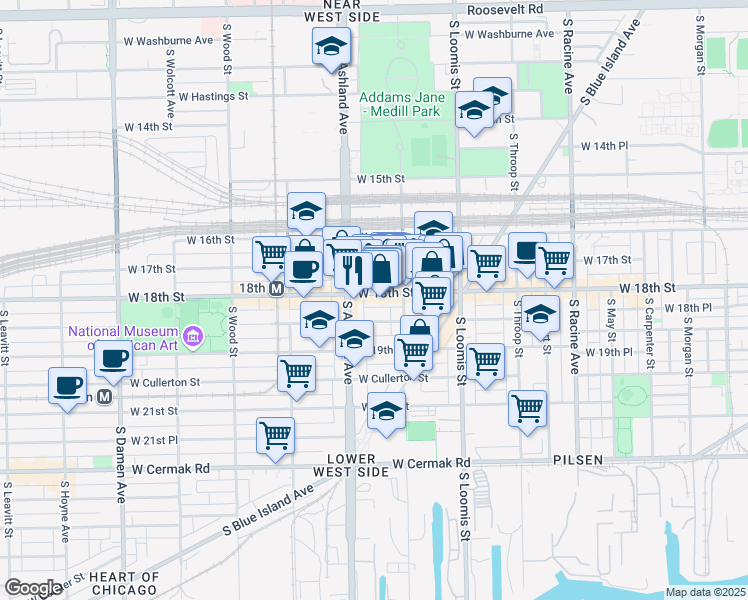 map of restaurants, bars, coffee shops, grocery stores, and more near 1502 West 18th Street in Chicago
