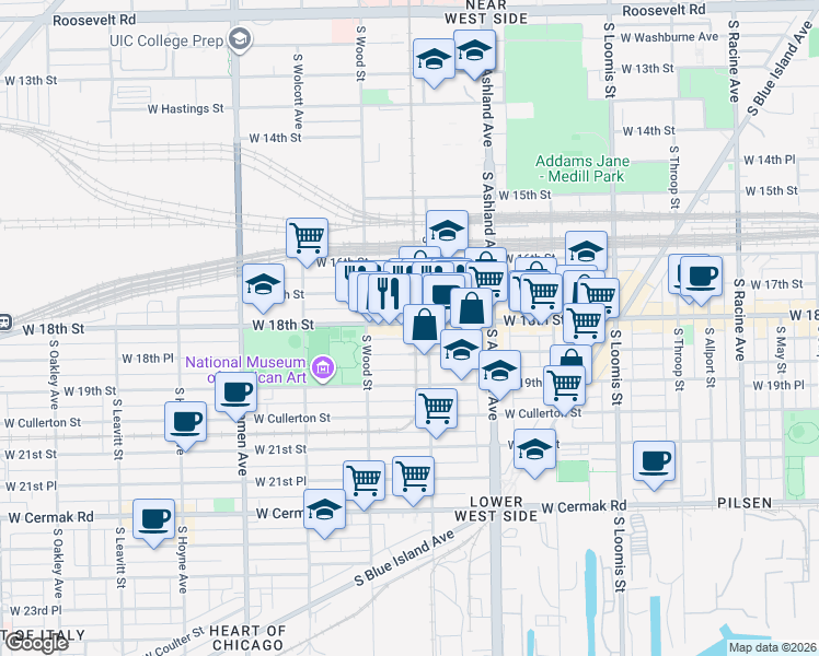 map of restaurants, bars, coffee shops, grocery stores, and more near 1719 West 18th Street in Chicago