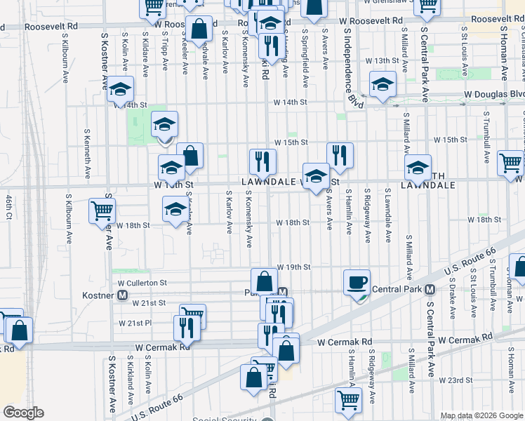 map of restaurants, bars, coffee shops, grocery stores, and more near 1647 South Komensky Avenue in Chicago