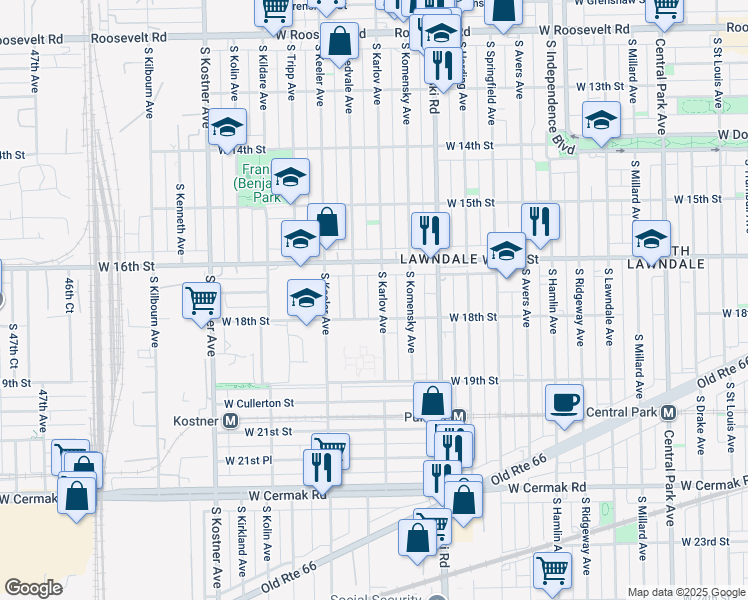 map of restaurants, bars, coffee shops, grocery stores, and more near 1646 South Karlov Avenue in Chicago